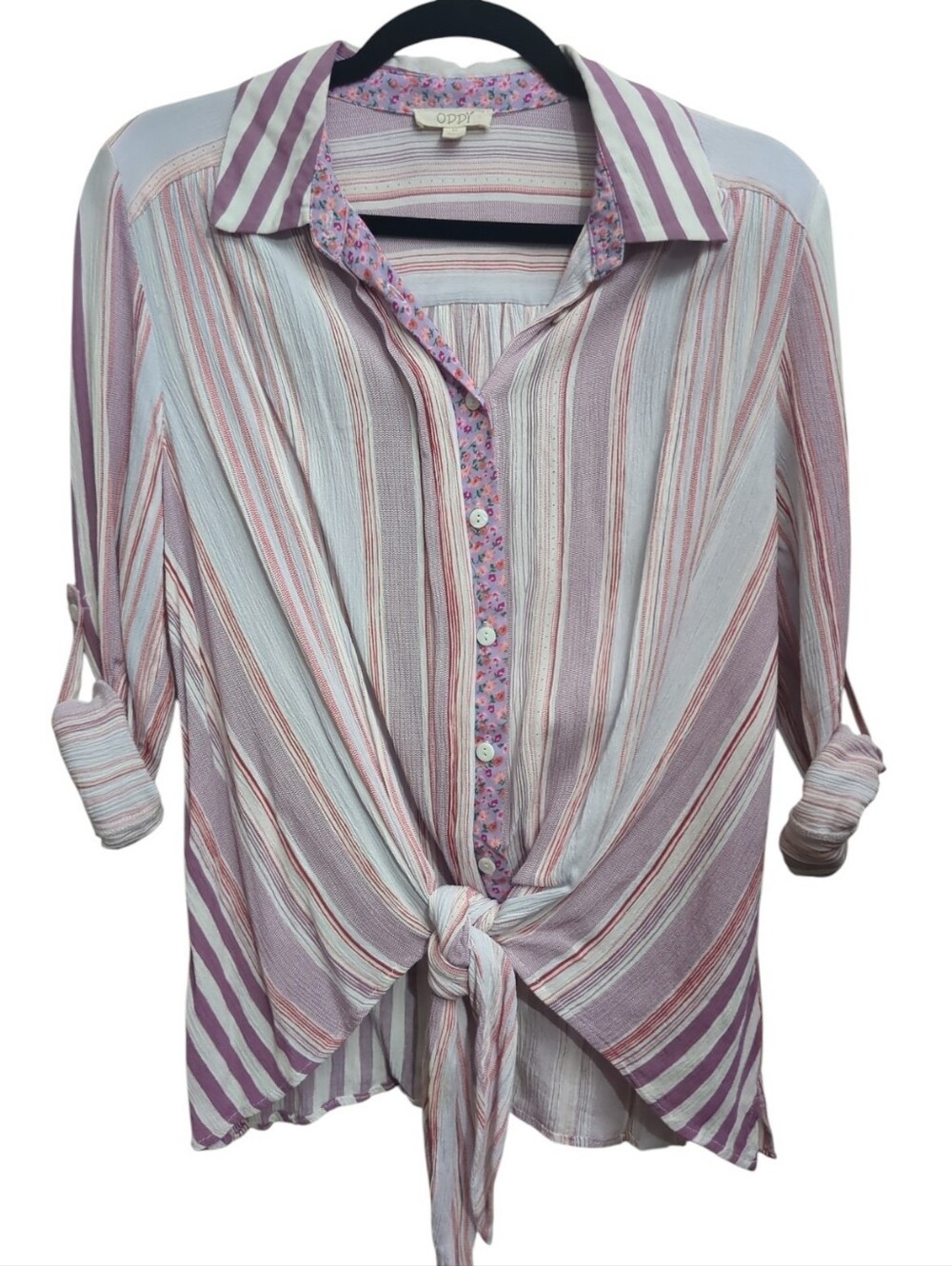 Oddi Medium Mixed Print Lightweight Button Up Tie Front Knot Boho Coastal Artsy